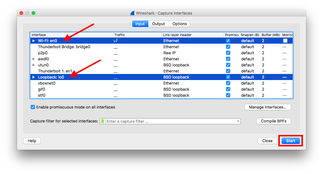 Select multiple interfaces on Wireshark